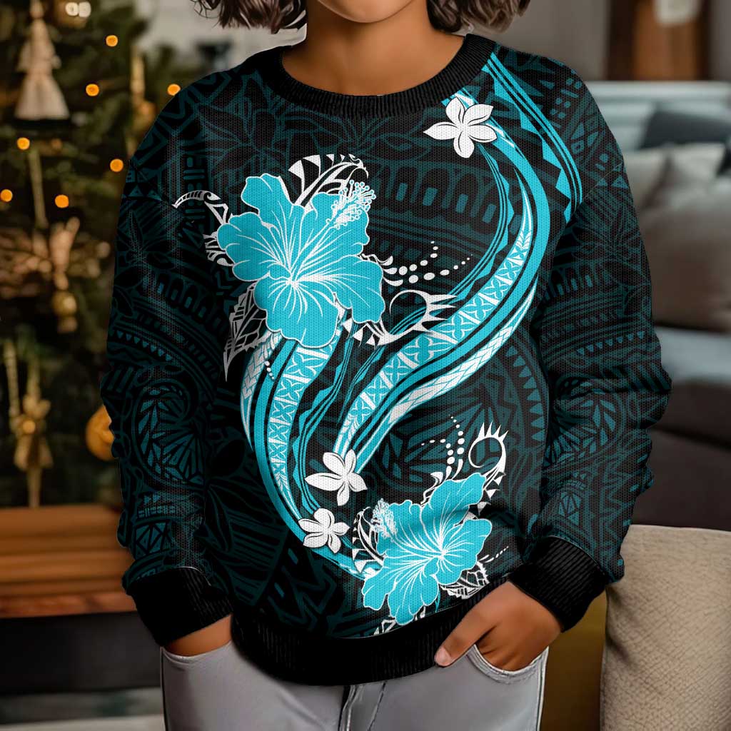 Aqua Polynesian Pattern With Tropical Flowers Kid Ugly Christmas Sweater