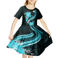 Aqua Polynesian Pattern With Tropical Flowers Kid Short Sleeve Dress LT05 - Polynesian Pride