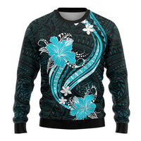 Aqua Polynesian Pattern With Tropical Flowers Ugly Christmas Sweater