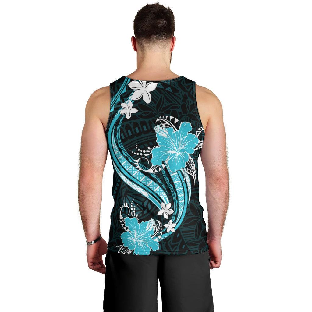 Aqua Polynesian Pattern With Tropical Flowers Men Tank Top LT05 - Polynesian Pride
