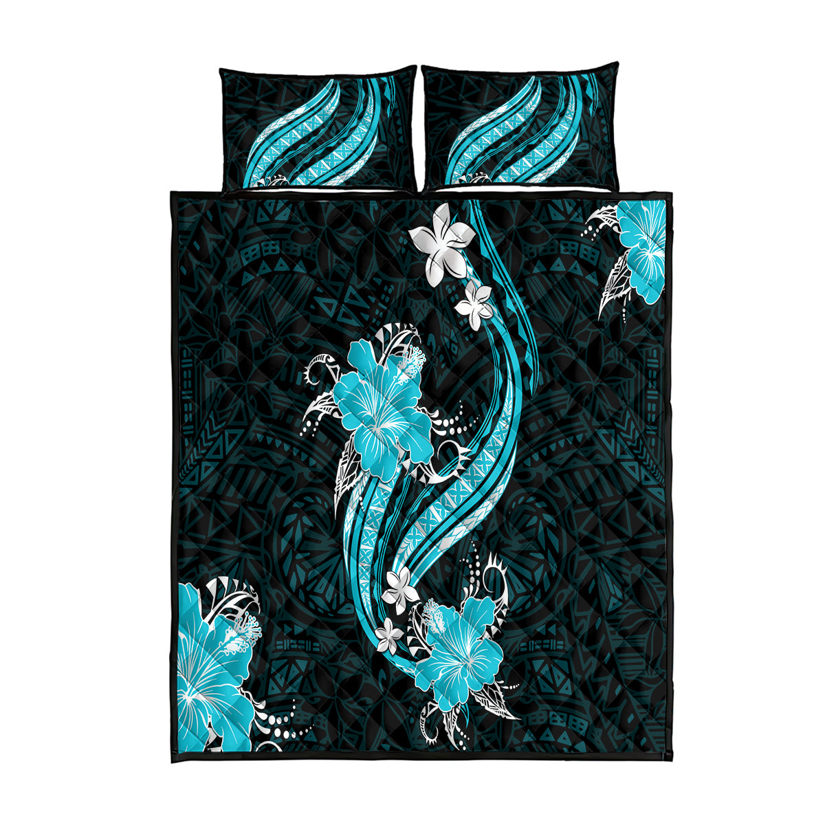 Aqua Polynesian Pattern With Tropical Flowers Quilt Bed Set LT05 Aqua - Polynesian Pride