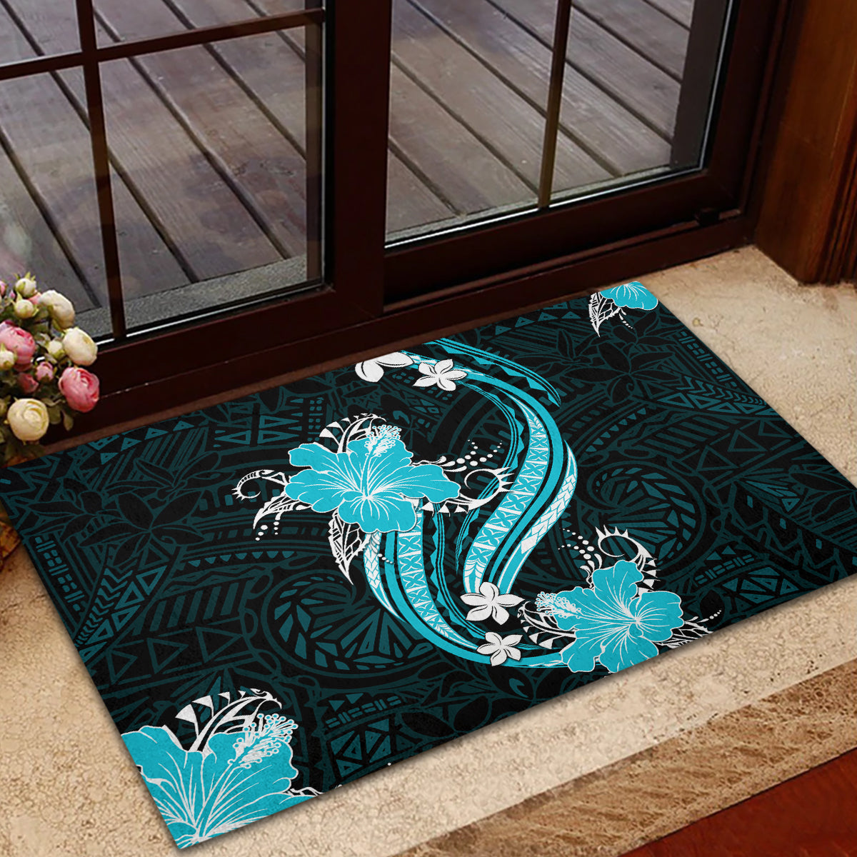 Aqua Polynesian Pattern With Tropical Flowers Rubber Doormat LT05 - Polynesian Pride