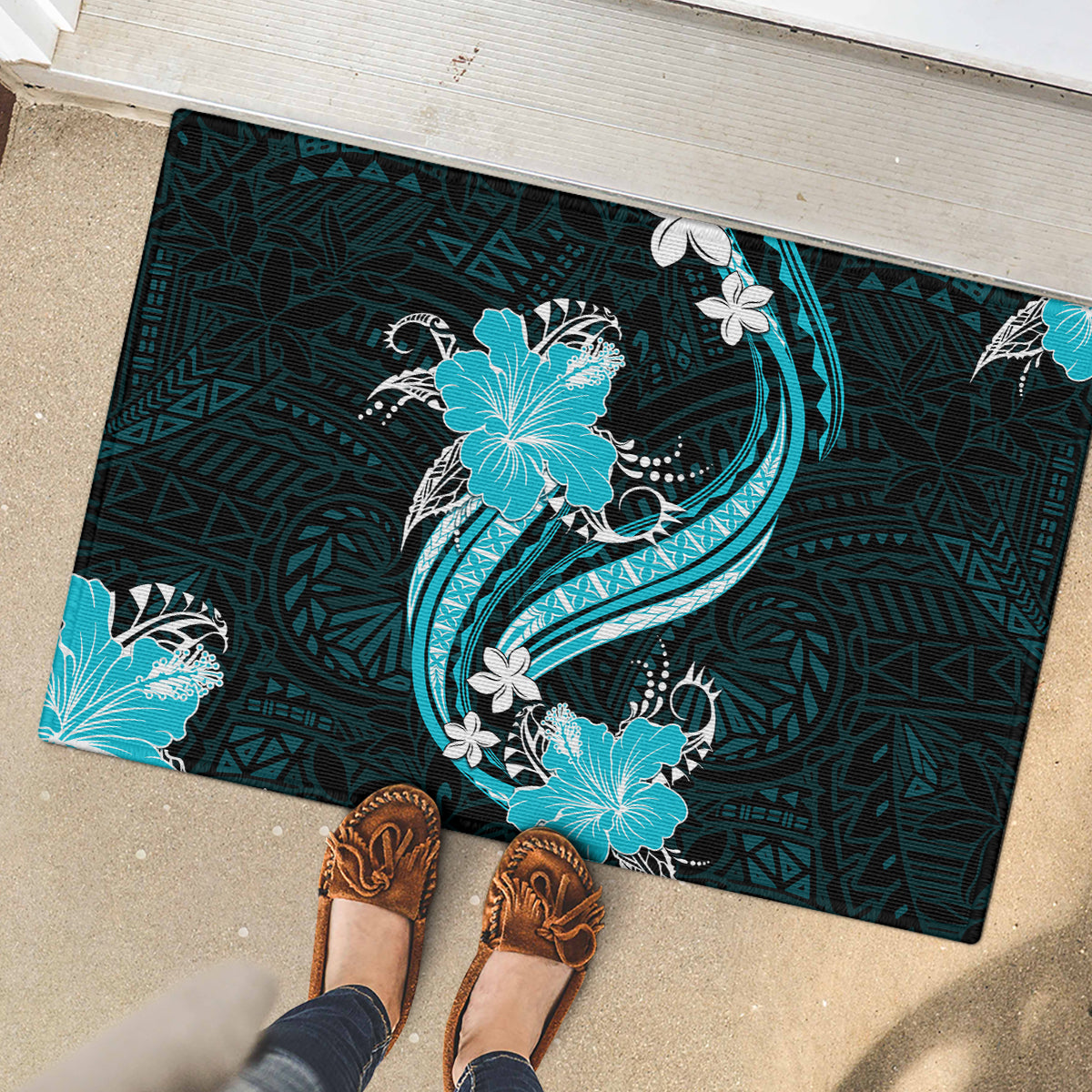Aqua Polynesian Pattern With Tropical Flowers Rubber Doormat LT05 - Polynesian Pride