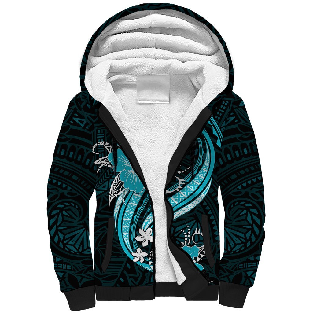 Aqua Polynesian Pattern With Tropical Flowers Sherpa Hoodie LT05 Unisex Aqua - Polynesian Pride