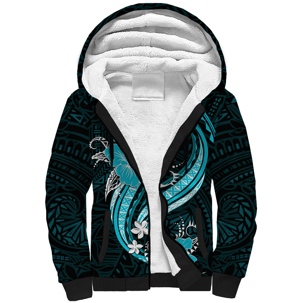 Aqua Polynesian Pattern With Tropical Flowers Sherpa Hoodie LT05 Unisex Aqua - Polynesian Pride