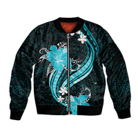 Aqua Polynesian Pattern With Tropical Flowers Sleeve Zip Bomber Jacket LT05 Unisex Aqua - Polynesian Pride