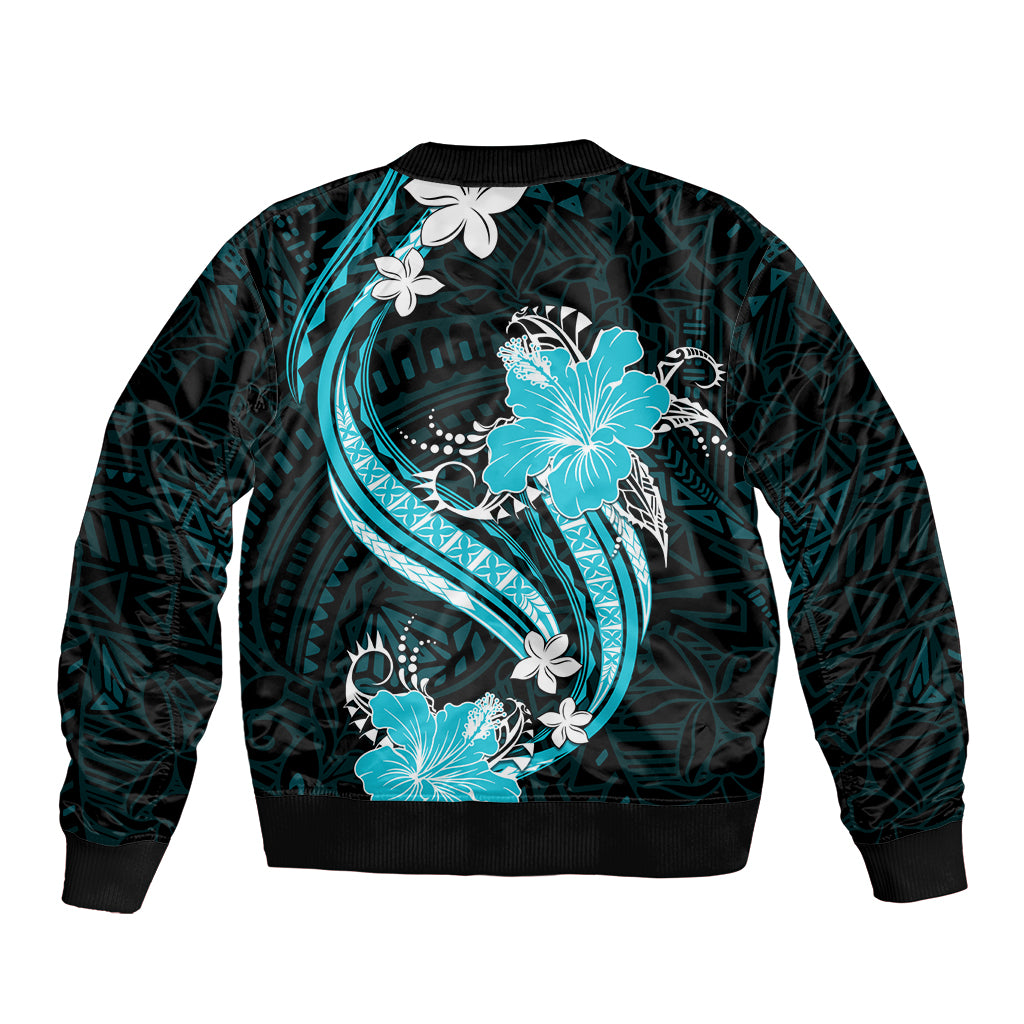 Aqua Polynesian Pattern With Tropical Flowers Sleeve Zip Bomber Jacket LT05 - Polynesian Pride