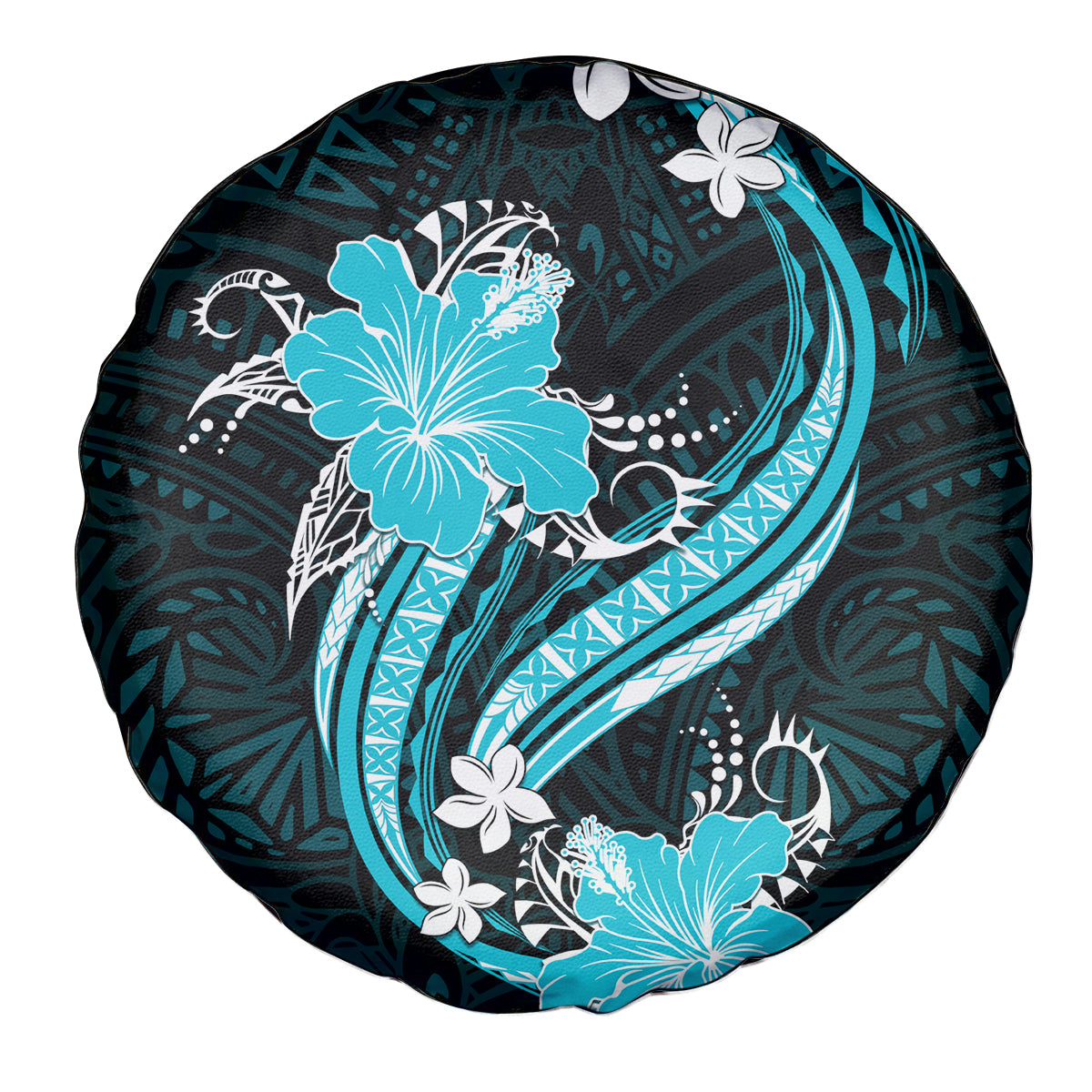 Aqua Polynesian Pattern With Tropical Flowers Spare Tire Cover LT05 - Polynesian Pride