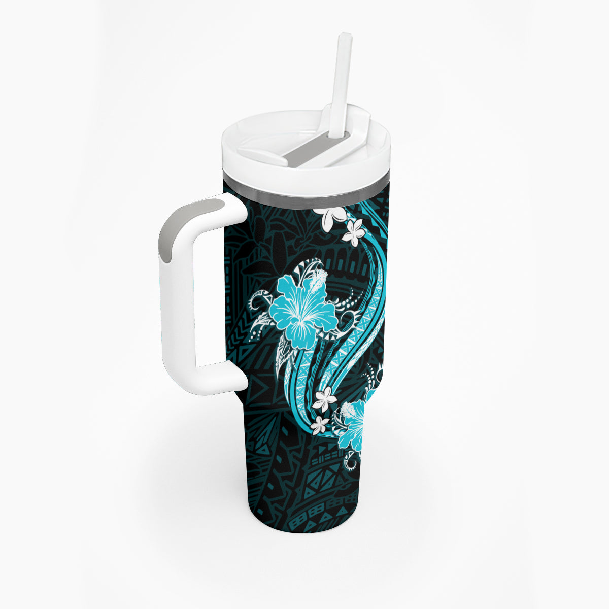 Aqua Polynesian Pattern With Tropical Flowers Tumbler With Handle