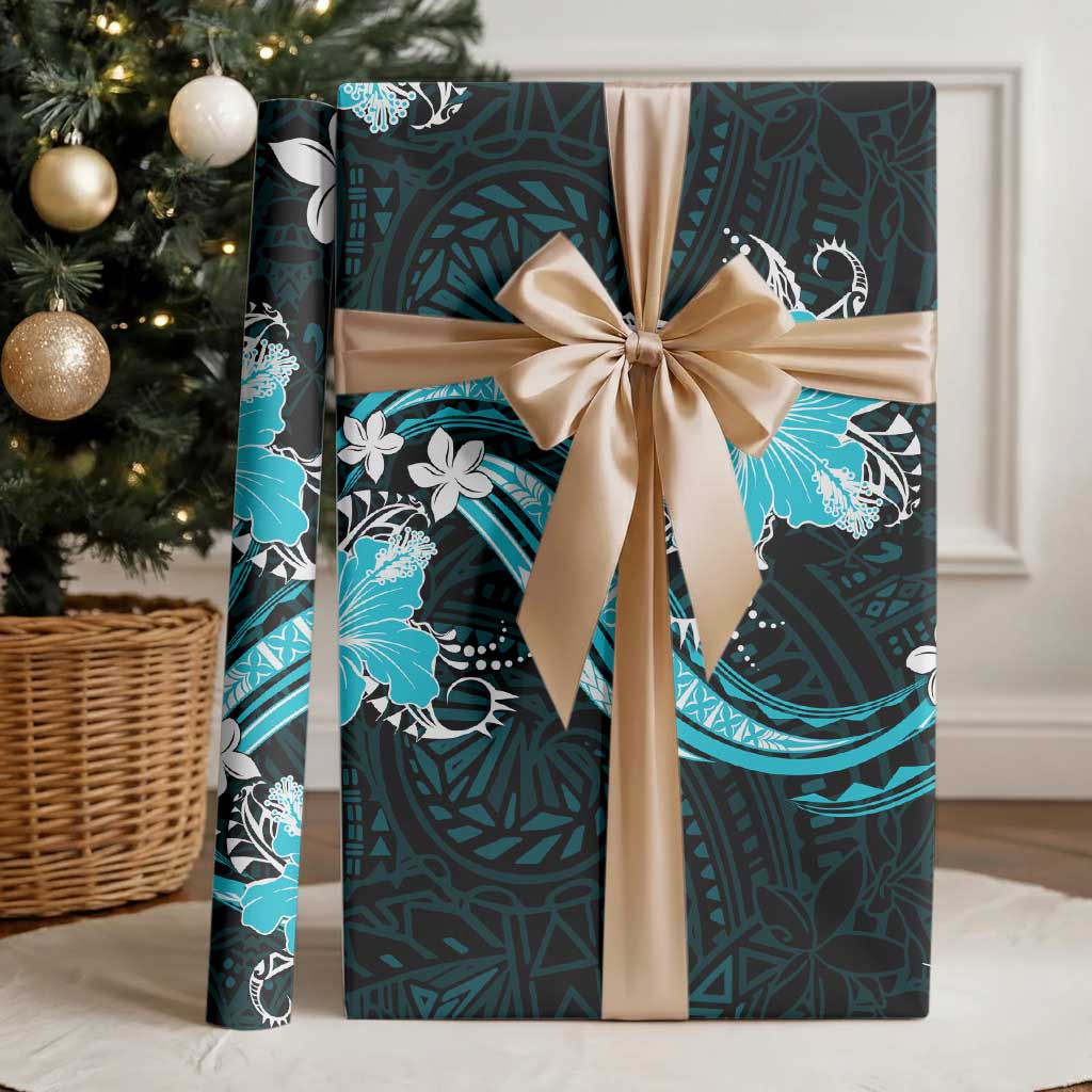 Aqua Polynesian Pattern With Tropical Flowers Wrapping Paper - Polynesian Pride