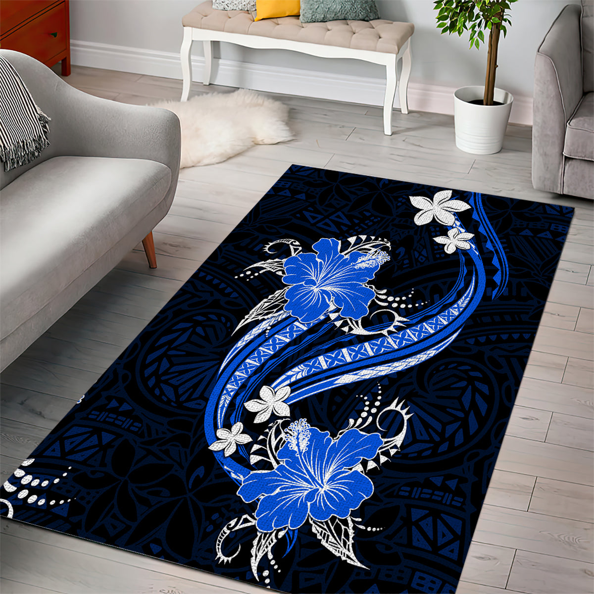 Blue Polynesian Pattern With Tropical Flowers Area Rug LT05 - Polynesian Pride