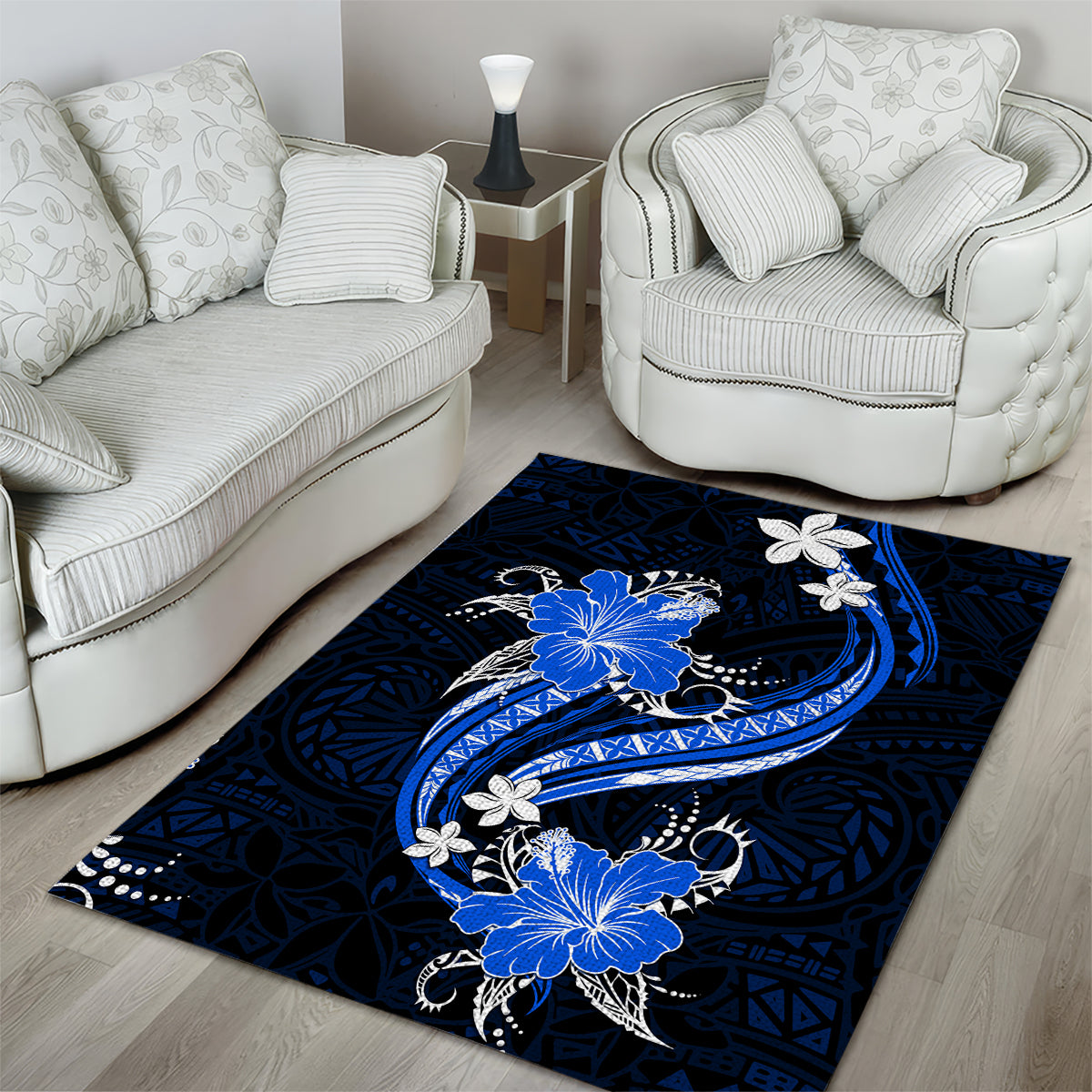 Blue Polynesian Pattern With Tropical Flowers Area Rug LT05 - Polynesian Pride