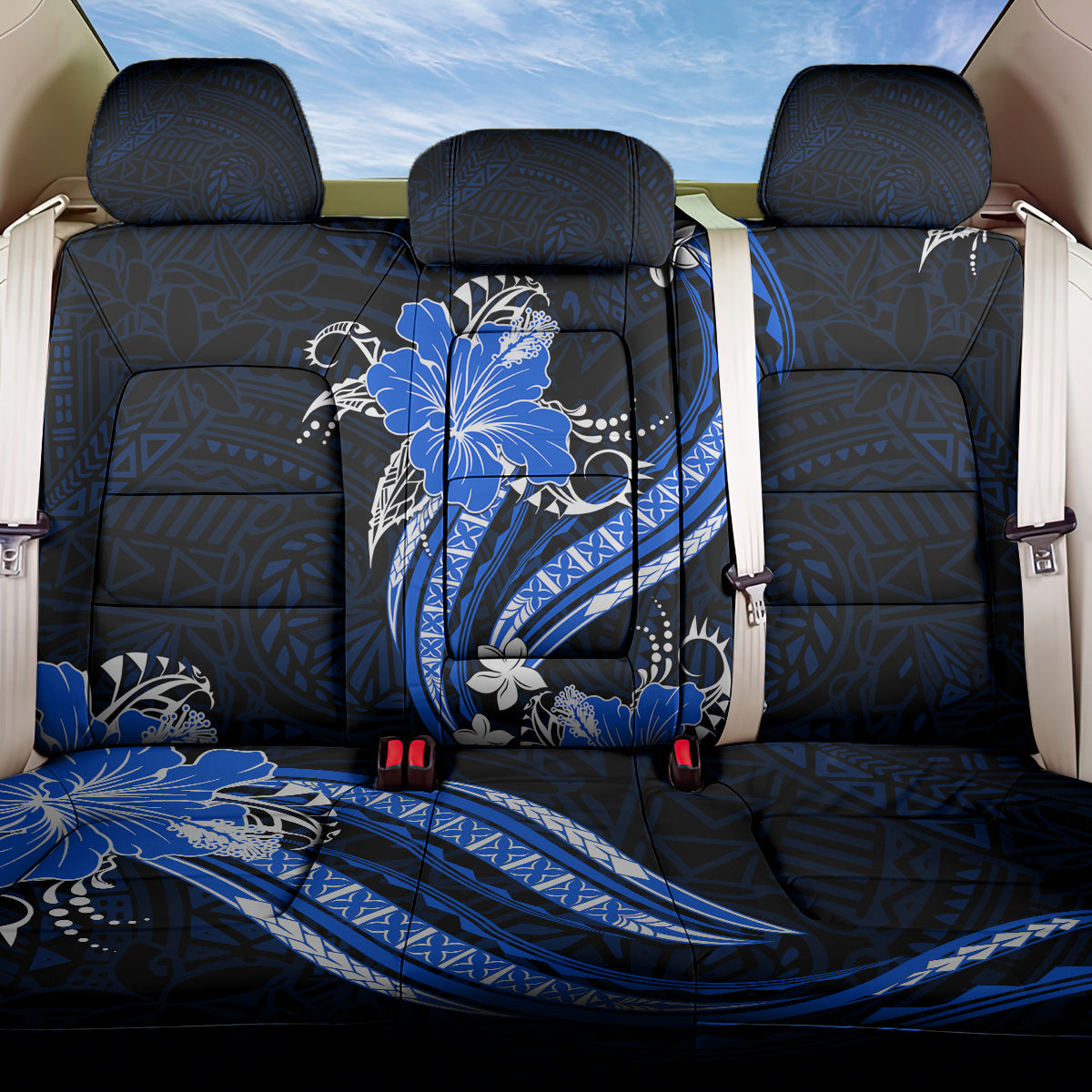 Blue Polynesian Pattern With Tropical Flowers Back Car Seat Cover LT05 One Size Blue - Polynesian Pride
