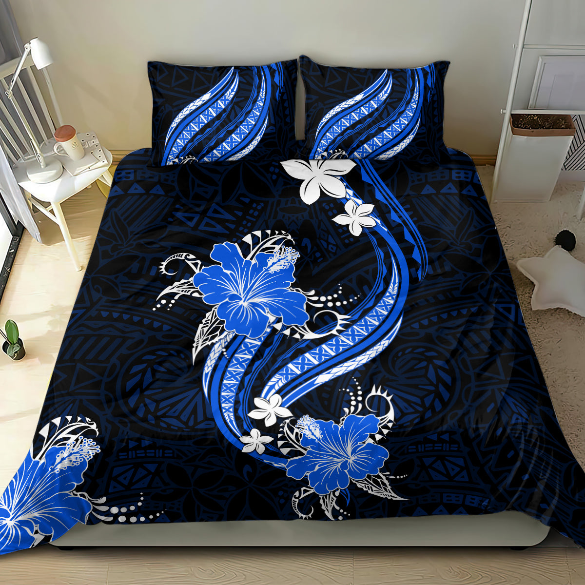 Blue Polynesian Pattern With Tropical Flowers Bedding Set LT05 - Polynesian Pride