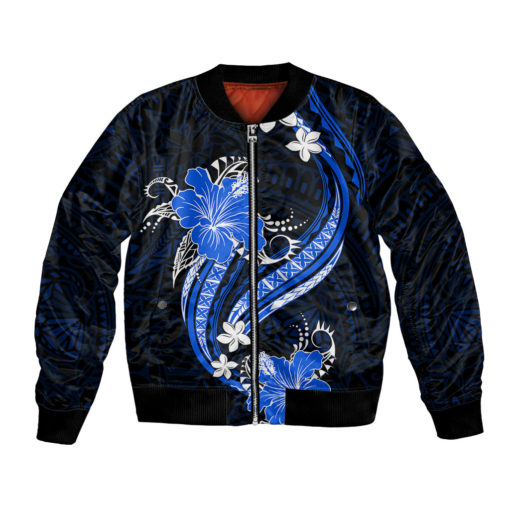 Blue Polynesian Pattern With Tropical Flowers Bomber Jacket LT05 Unisex Blue - Polynesian Pride