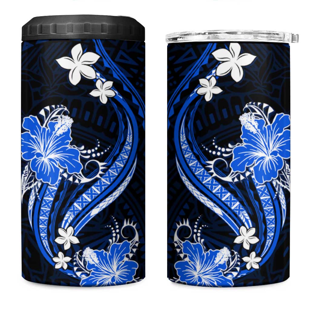 Blue Polynesian Pattern With Tropical Flowers 4 in 1 Can Cooler Tumbler