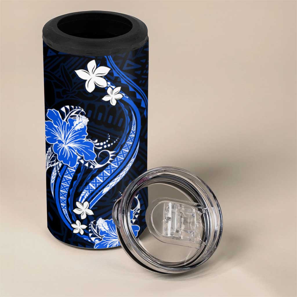 Blue Polynesian Pattern With Tropical Flowers 4 in 1 Can Cooler Tumbler