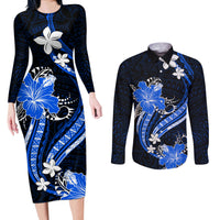 Blue Polynesian Pattern With Tropical Flowers Couples Matching Long Sleeve Bodycon Dress and Long Sleeve Button Shirt LT05 Blue - Polynesian Pride