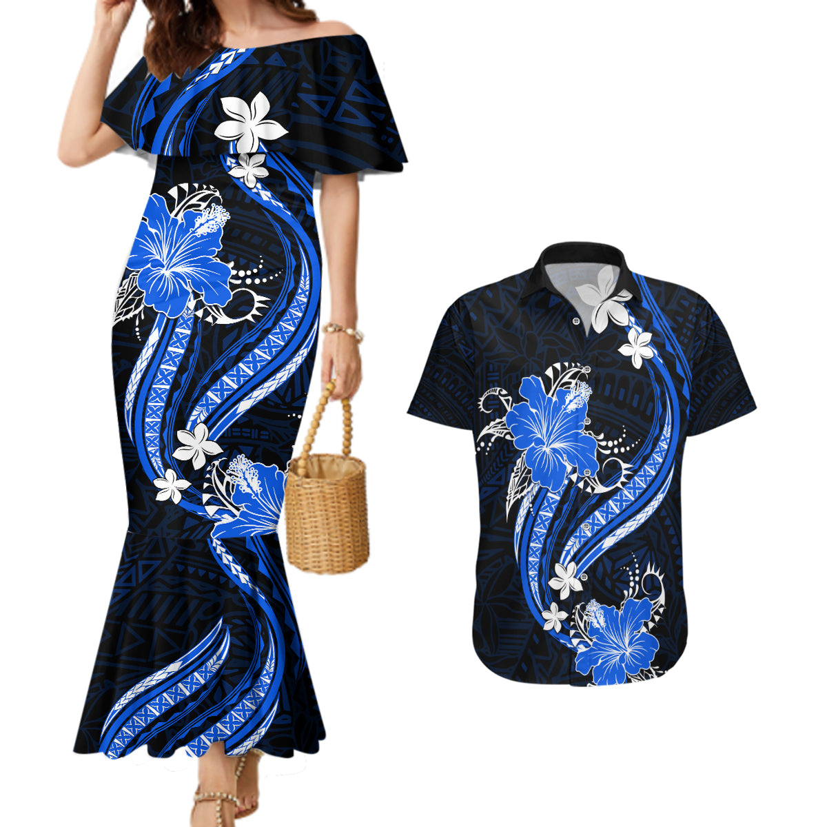 Blue Polynesian Pattern With Tropical Flowers Couples Matching Mermaid Dress and Hawaiian Shirt LT05 Blue - Polynesian Pride