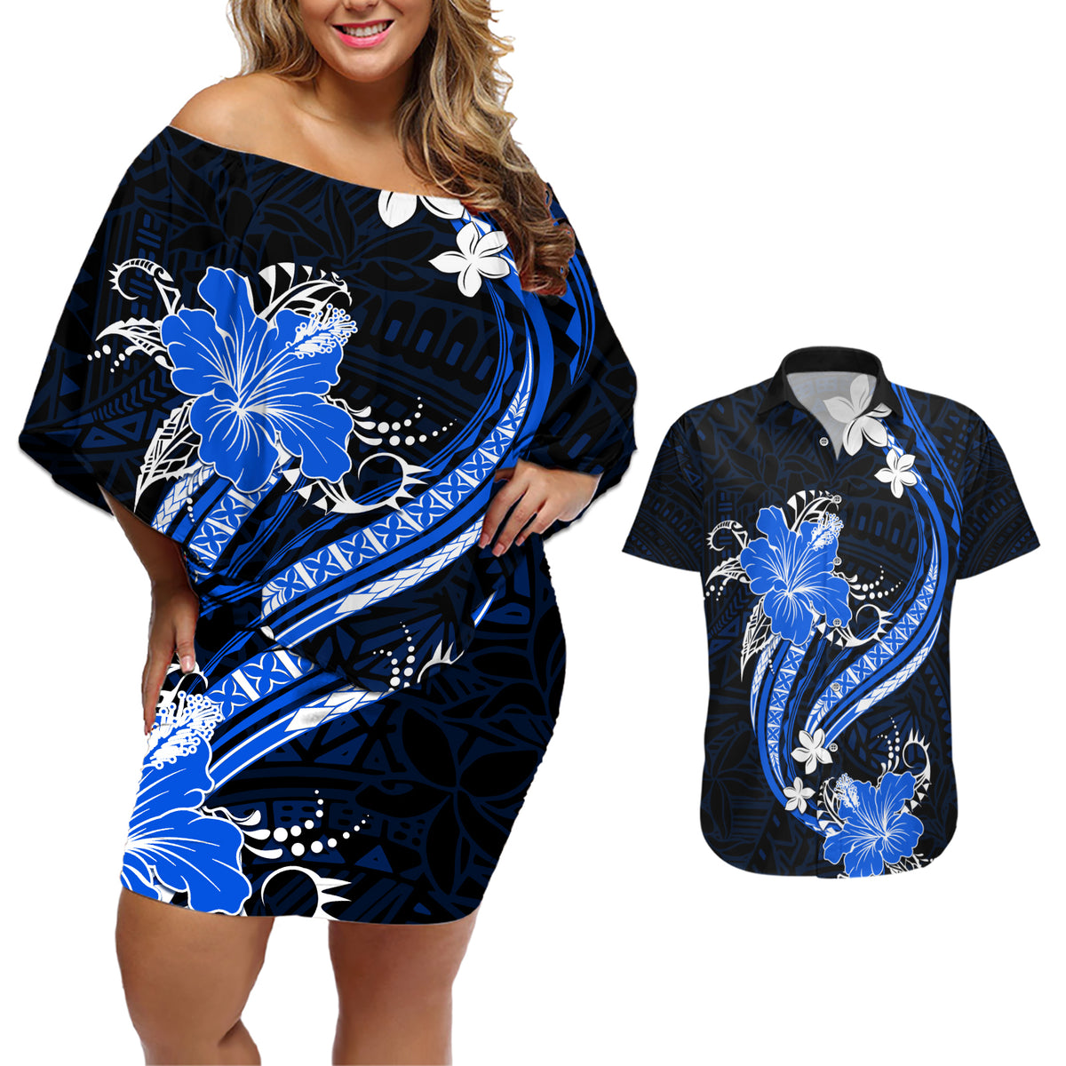 Blue Polynesian Pattern With Tropical Flowers Couples Matching Off Shoulder Short Dress and Hawaiian Shirt LT05 Blue - Polynesian Pride