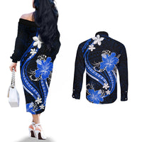 Blue Polynesian Pattern With Tropical Flowers Couples Matching Off The Shoulder Long Sleeve Dress and Long Sleeve Button Shirt LT05 - Polynesian Pride