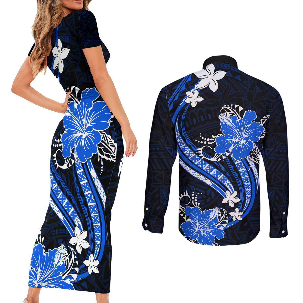 Blue Polynesian Pattern With Tropical Flowers Couples Matching Short Sleeve Bodycon Dress and Long Sleeve Button Shirt LT05 - Polynesian Pride