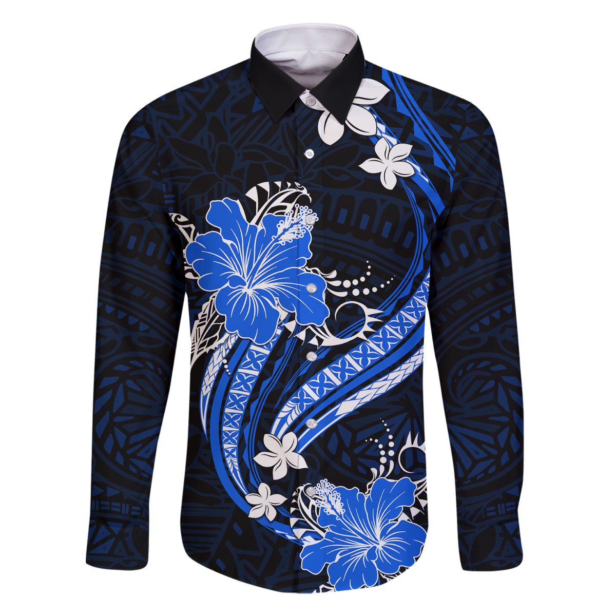 Blue Polynesian Pattern With Tropical Flowers Family Matching Long Sleeve Bodycon Dress and Hawaiian Shirt LT05 Dad's Shirt - Long Sleeve Blue - Polynesian Pride