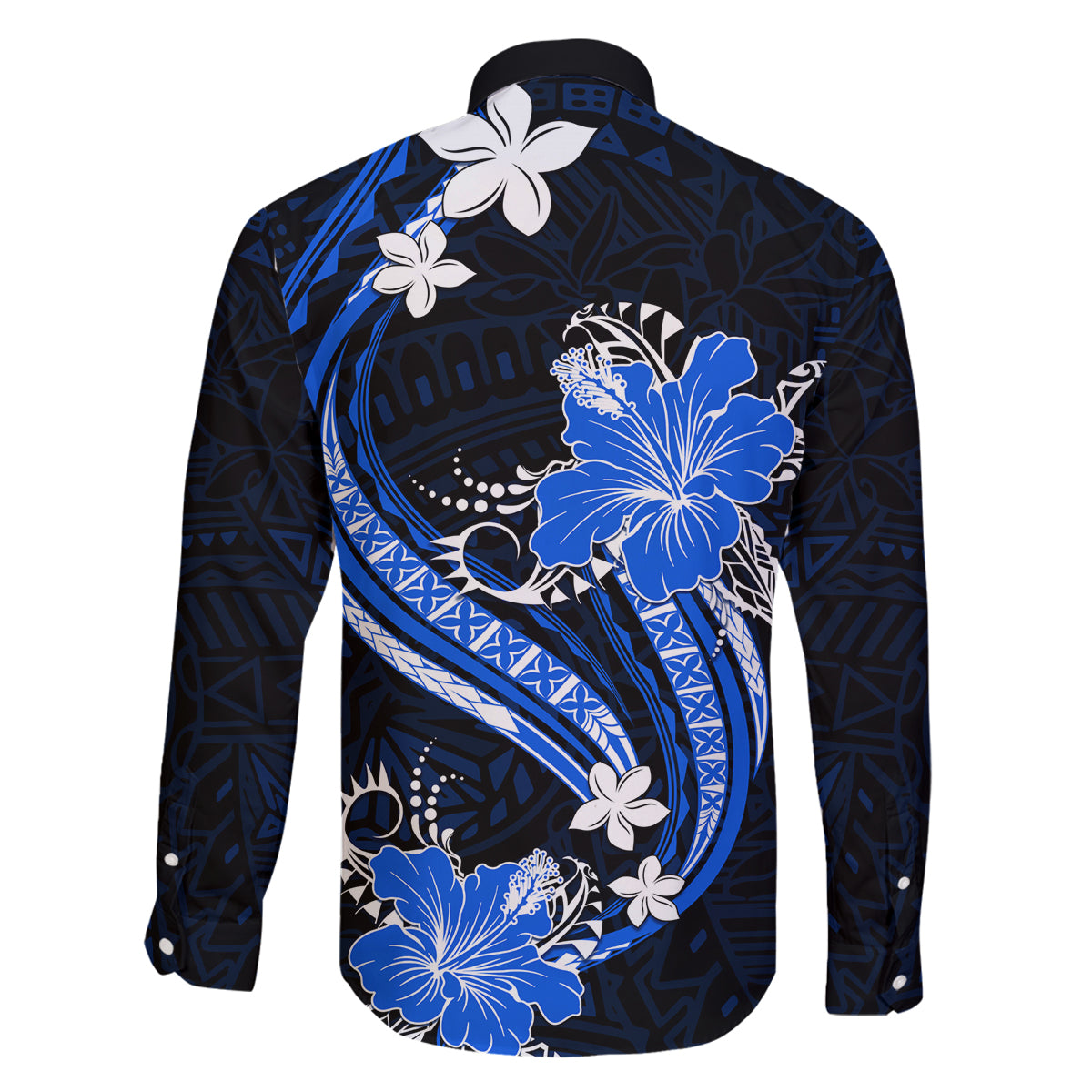 Blue Polynesian Pattern With Tropical Flowers Family Matching Off Shoulder Long Sleeve Dress and Hawaiian Shirt LT05 - Polynesian Pride