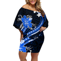 Blue Polynesian Pattern With Tropical Flowers Family Matching Off Shoulder Short Dress and Hawaiian Shirt LT05 Mom's Dress Blue - Polynesian Pride