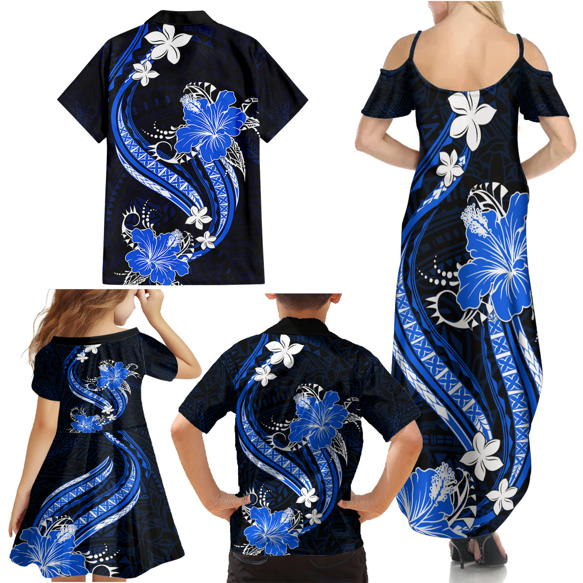 Blue Polynesian Pattern With Tropical Flowers Family Matching Summer Maxi Dress and Hawaiian Shirt LT05 - Polynesian Pride