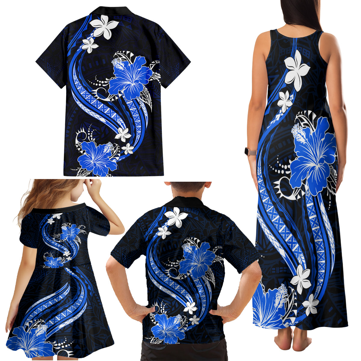 Blue Polynesian Pattern With Tropical Flowers Family Matching Tank Maxi Dress and Hawaiian Shirt LT05 - Polynesian Pride