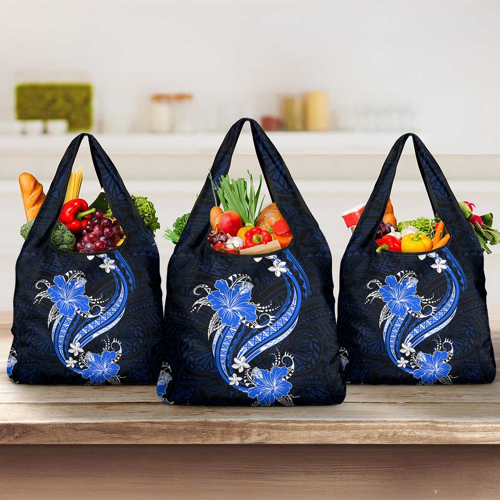 Blue Polynesian Pattern With Tropical Flowers Grocery Bag