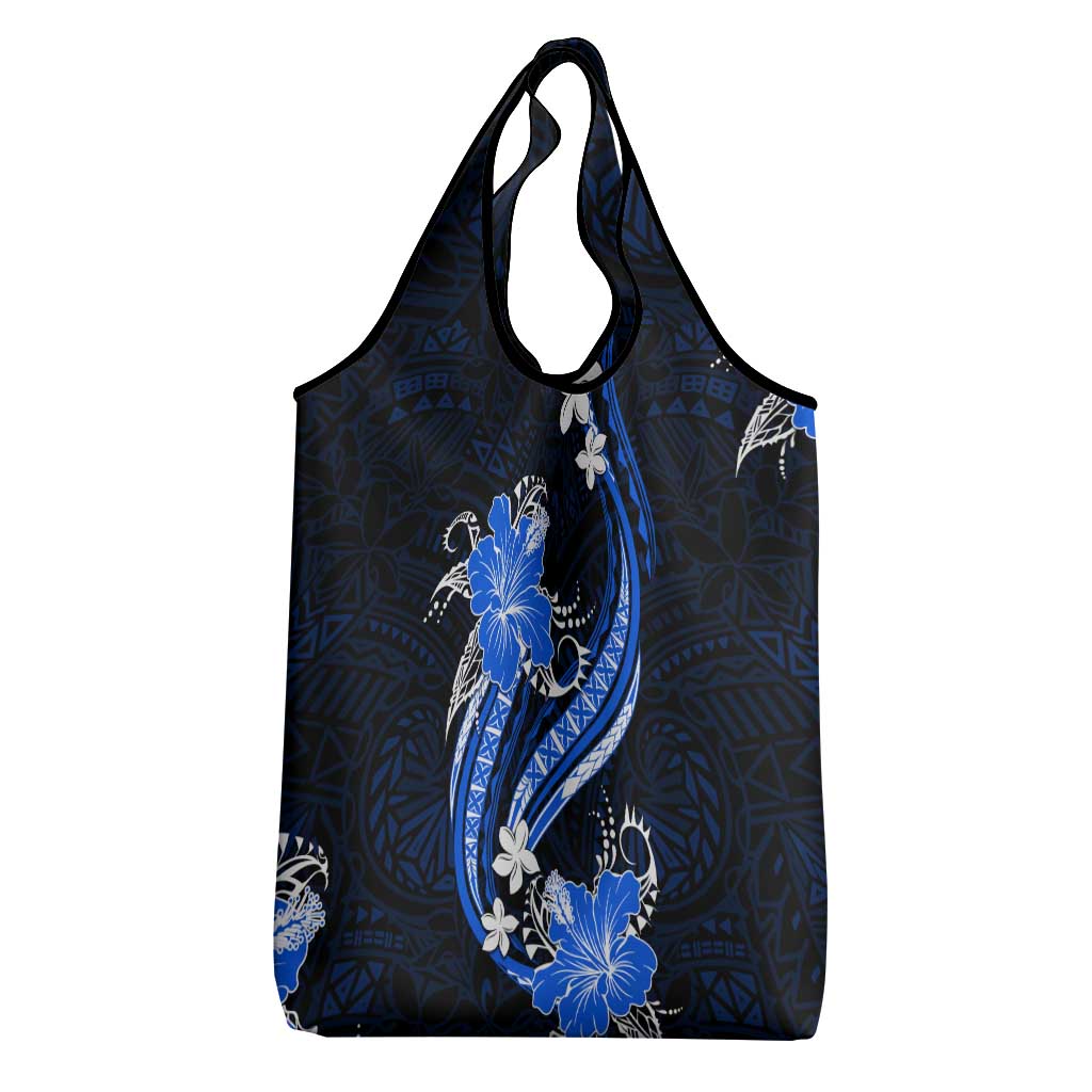 Blue Polynesian Pattern With Tropical Flowers Grocery Bag