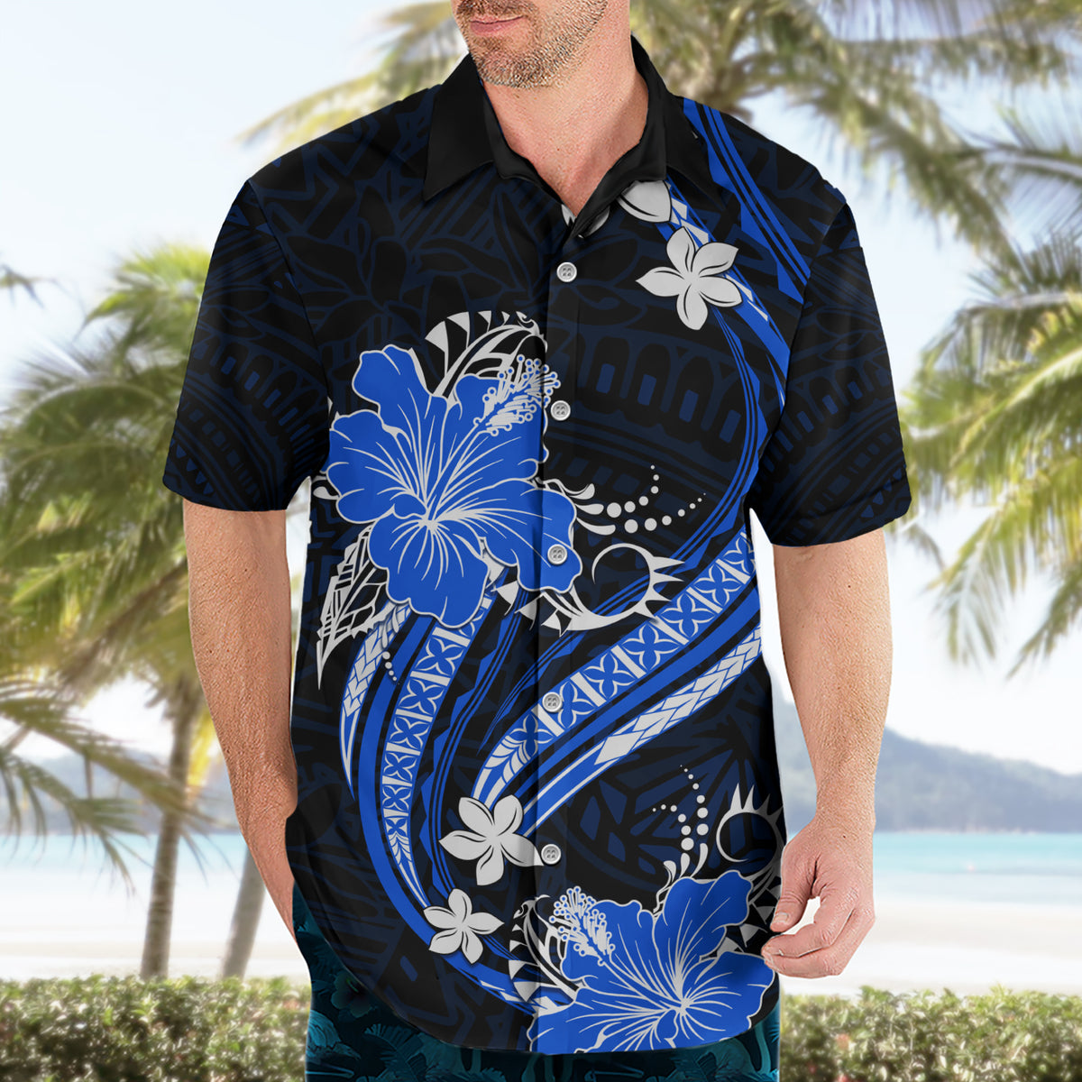 Blue Polynesian Pattern With Tropical Flowers Hawaiian Shirt LT05 - Polynesian Pride