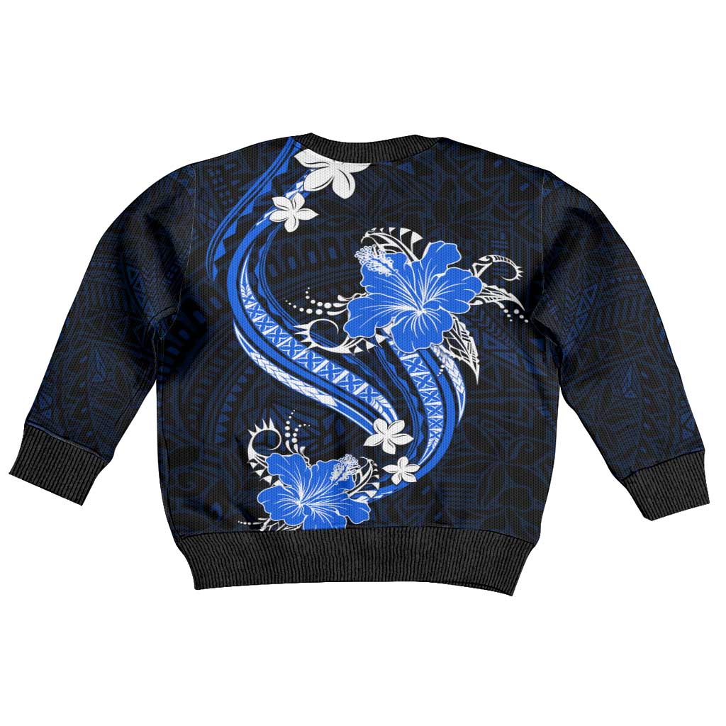 Blue Polynesian Pattern With Tropical Flowers Kid Ugly Christmas Sweater