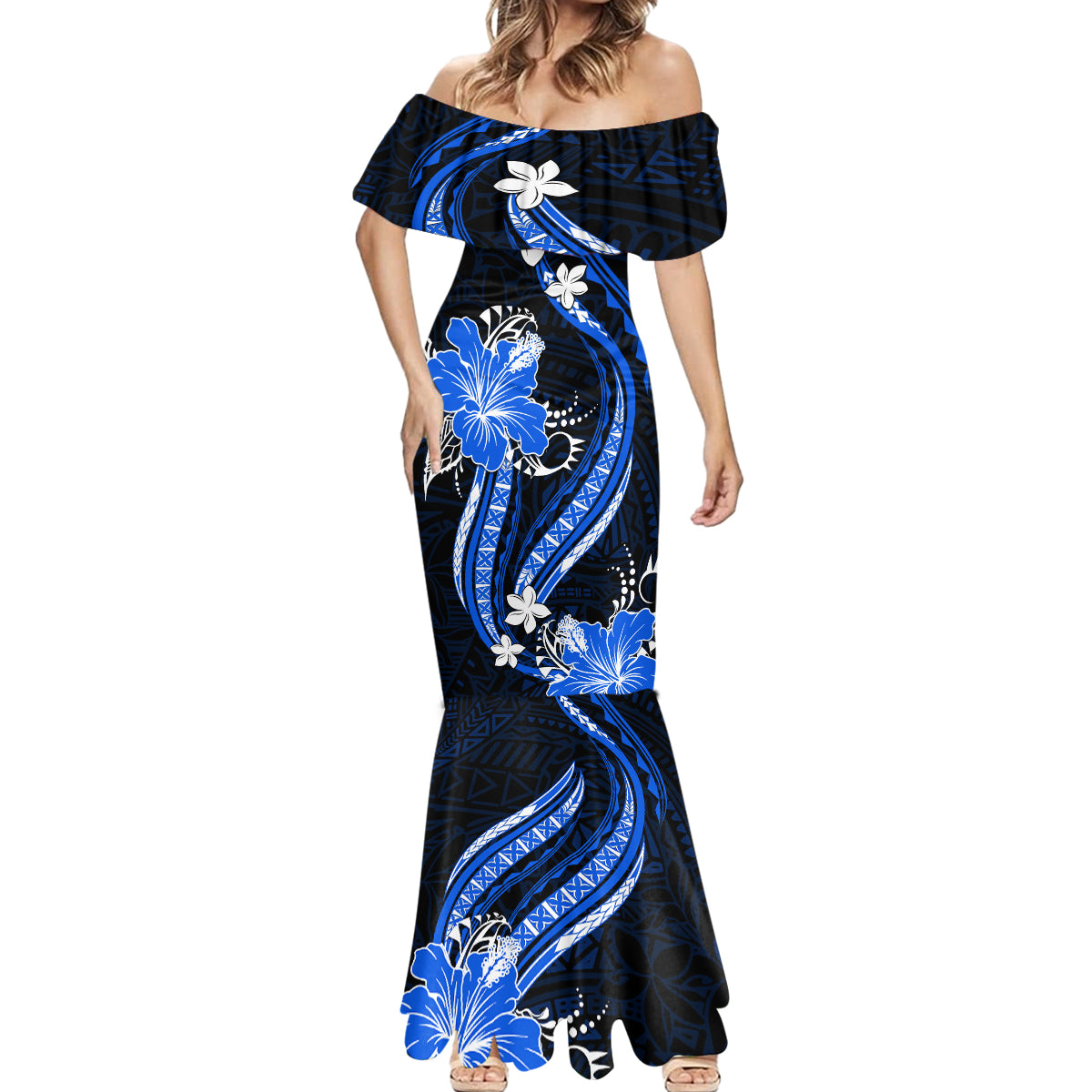 Blue Polynesian Pattern With Tropical Flowers Mermaid Dress LT05 - Polynesian Pride