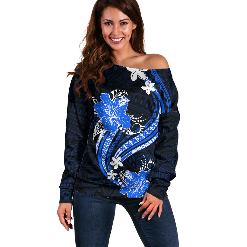 Blue Polynesian Pattern With Tropical Flowers Off Shoulder Sweater LT05 Women Blue - Polynesian Pride