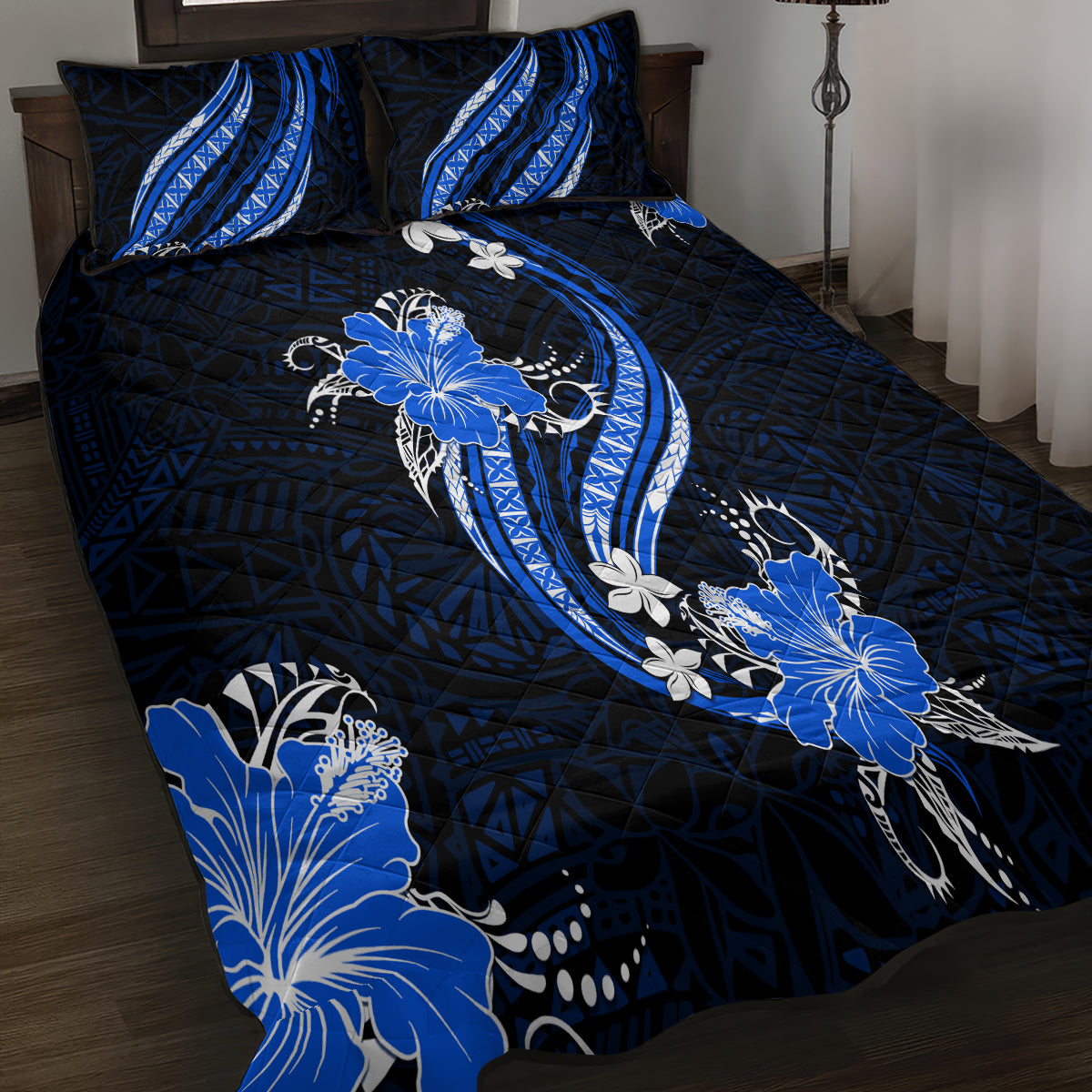 Blue Polynesian Pattern With Tropical Flowers Quilt Bed Set LT05 - Polynesian Pride
