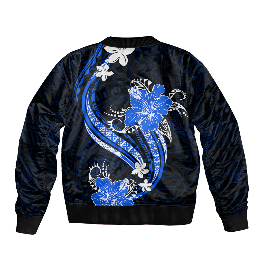 Blue Polynesian Pattern With Tropical Flowers Sleeve Zip Bomber Jacket LT05 - Polynesian Pride