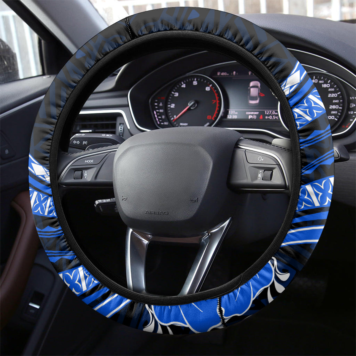 Blue Polynesian Pattern With Tropical Flowers Steering Wheel Cover