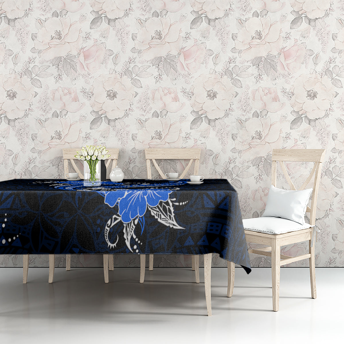 Blue Polynesian Pattern With Tropical Flowers Tablecloth LT05 - Polynesian Pride