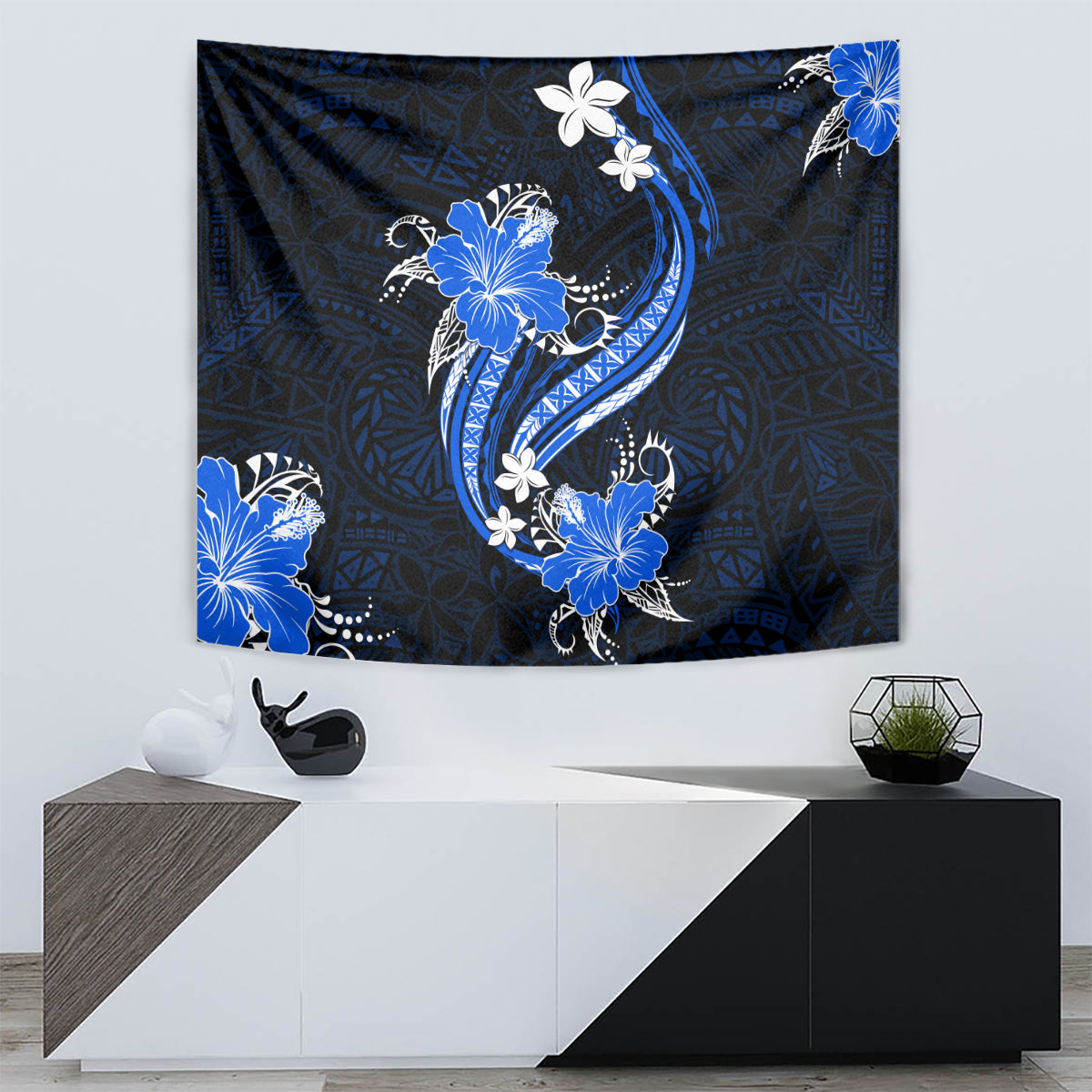 Blue Polynesian Pattern With Tropical Flowers Tapestry LT05 - Polynesian Pride