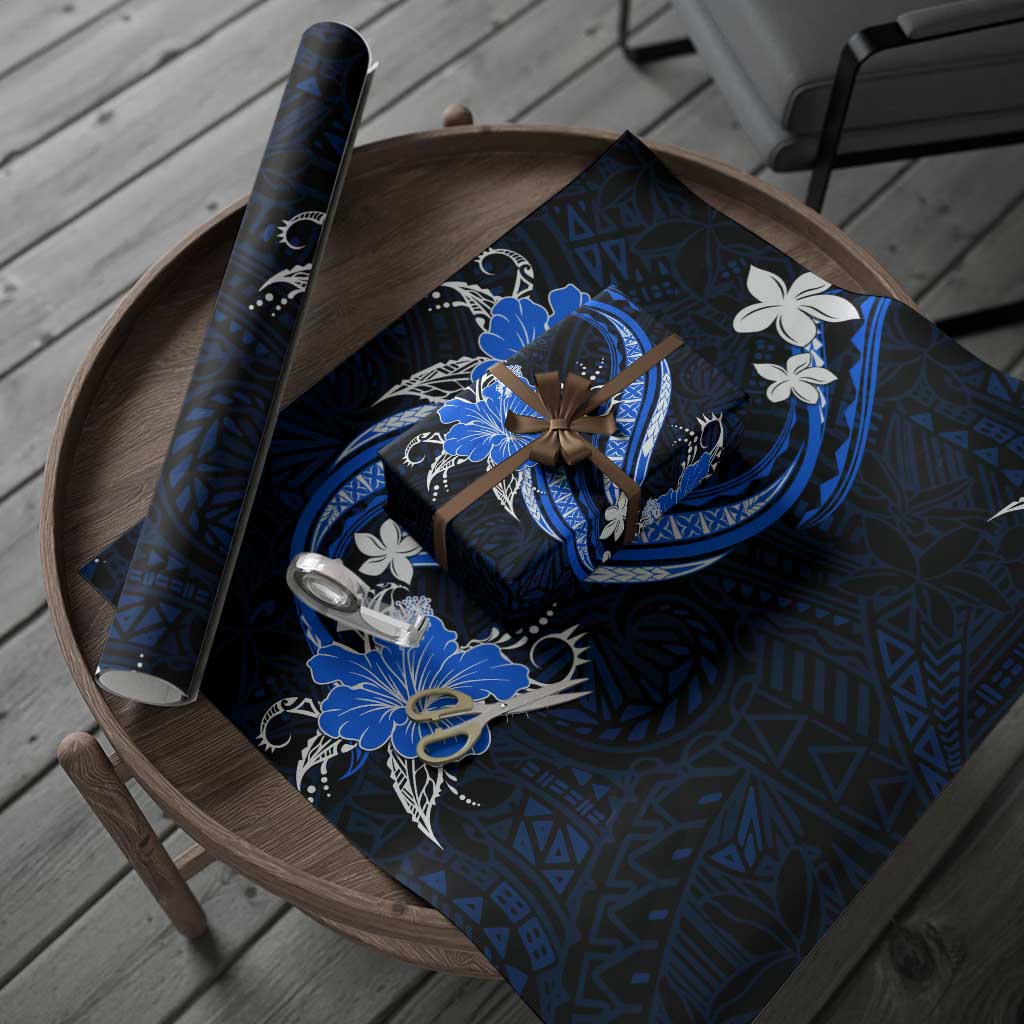 Blue Polynesian Pattern With Tropical Flowers Wrapping Paper - Polynesian Pride