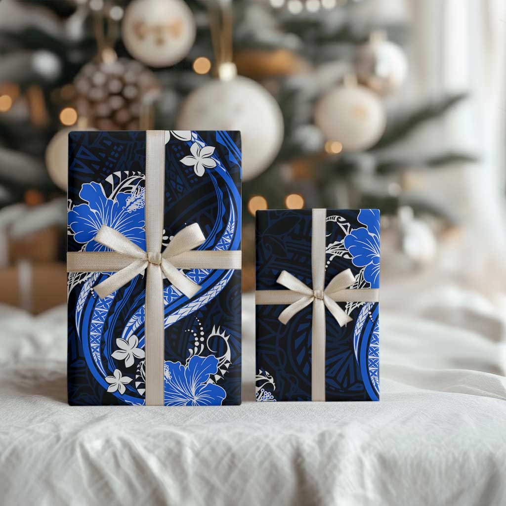 Blue Polynesian Pattern With Tropical Flowers Wrapping Paper - Polynesian Pride