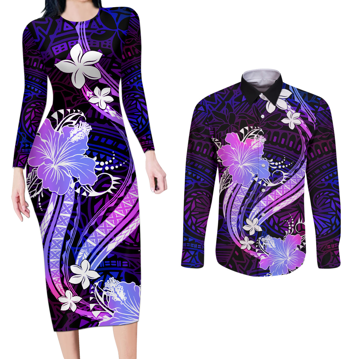 Galaxy Polynesian Pattern With Tropical Flowers Couples Matching Long Sleeve Bodycon Dress and Long Sleeve Button Shirt LT05 Galaxy - Polynesian Pride