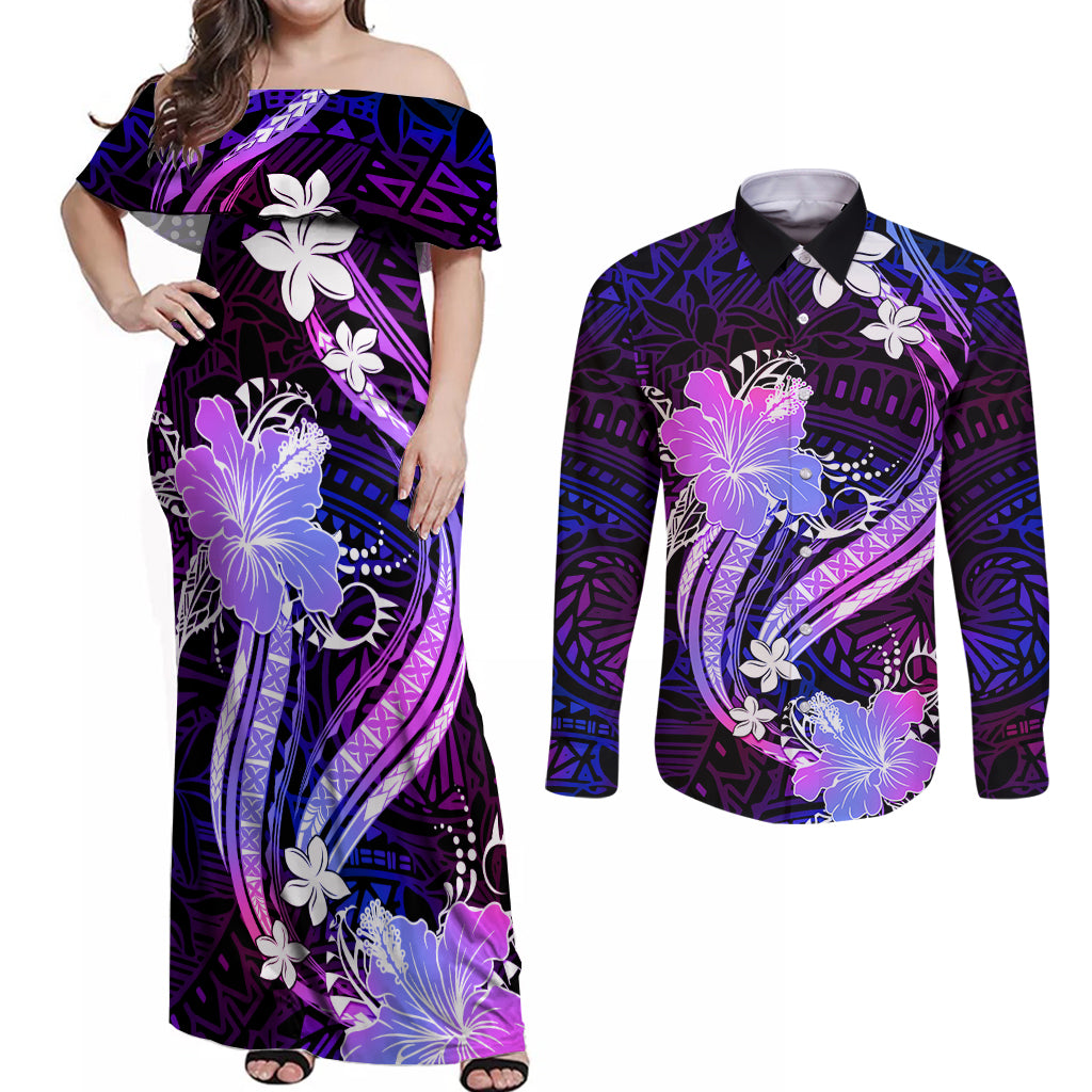 Galaxy Polynesian Pattern With Tropical Flowers Couples Matching Off Shoulder Maxi Dress and Long Sleeve Button Shirt LT05 Galaxy - Polynesian Pride