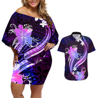 Galaxy Polynesian Pattern With Tropical Flowers Couples Matching Off Shoulder Short Dress and Hawaiian Shirt LT05 Galaxy - Polynesian Pride