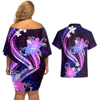 Galaxy Polynesian Pattern With Tropical Flowers Couples Matching Off Shoulder Short Dress and Hawaiian Shirt LT05 - Polynesian Pride