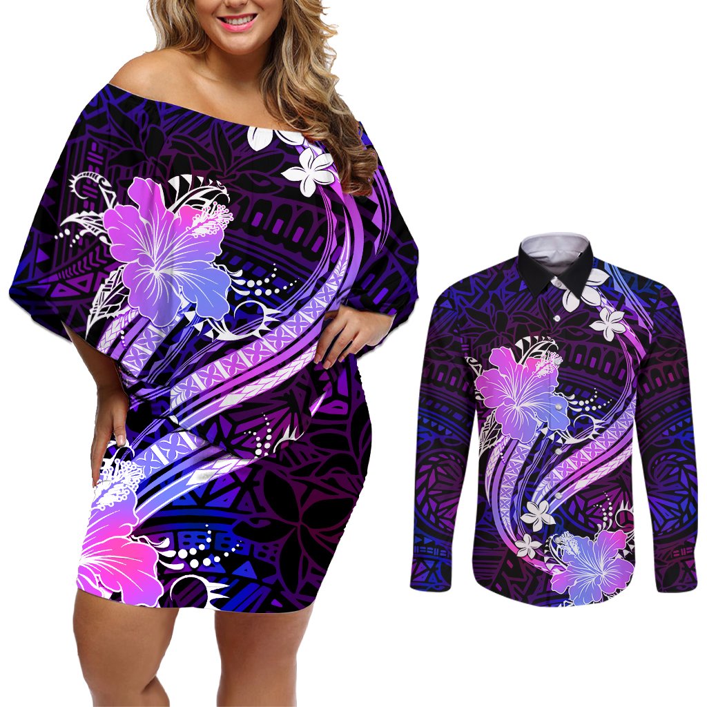 Galaxy Polynesian Pattern With Tropical Flowers Couples Matching Off Shoulder Short Dress and Long Sleeve Button Shirt LT05 Galaxy - Polynesian Pride