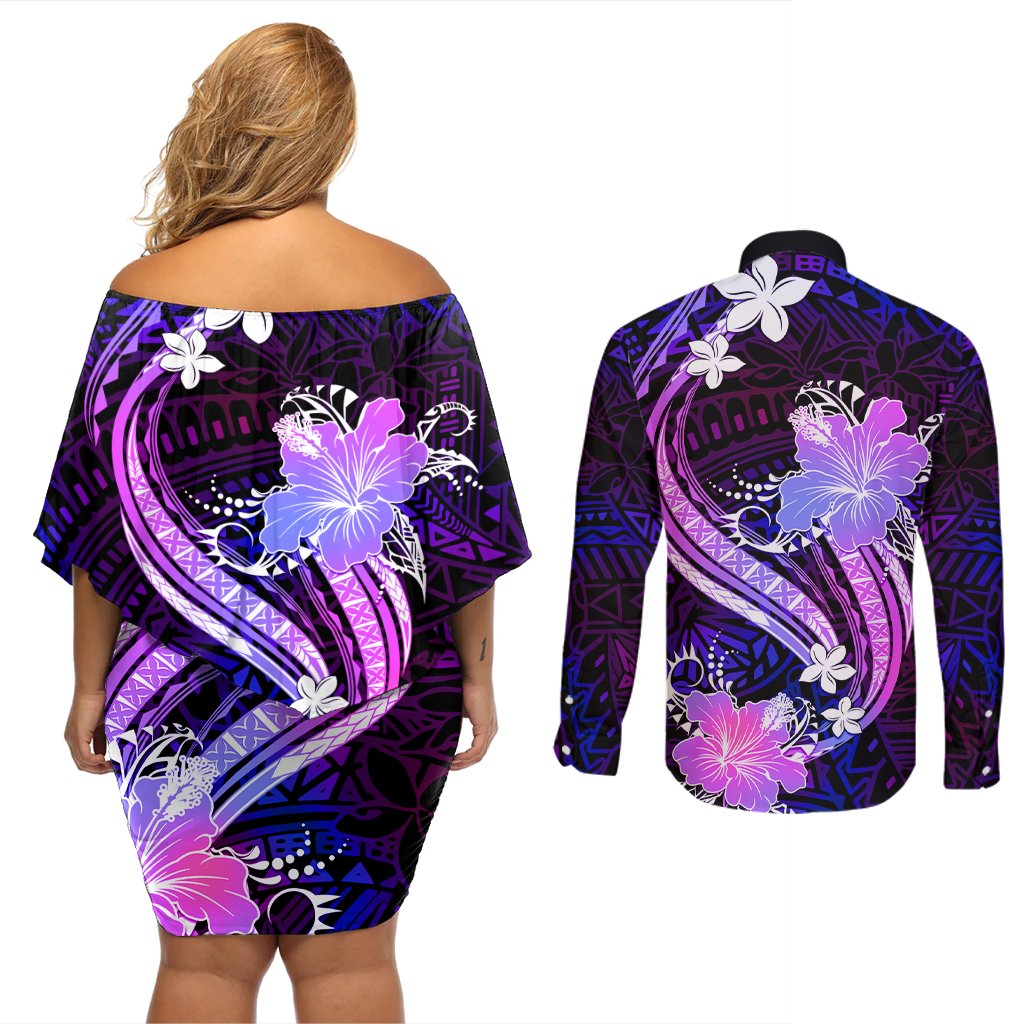 Galaxy Polynesian Pattern With Tropical Flowers Couples Matching Off Shoulder Short Dress and Long Sleeve Button Shirt LT05 - Polynesian Pride